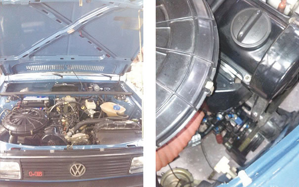 (esquerda) Volkswagen Passat ano 1986, que passou um processo de Retrofit <mundança de sistema de fluido refrigerante> de R-12 para R-134a / (direita) Compressor de um VW Passat ano 1996 com os engates dos manômetros de alta e baixa pressão transformados para o engate rápido do sistema de R-134a