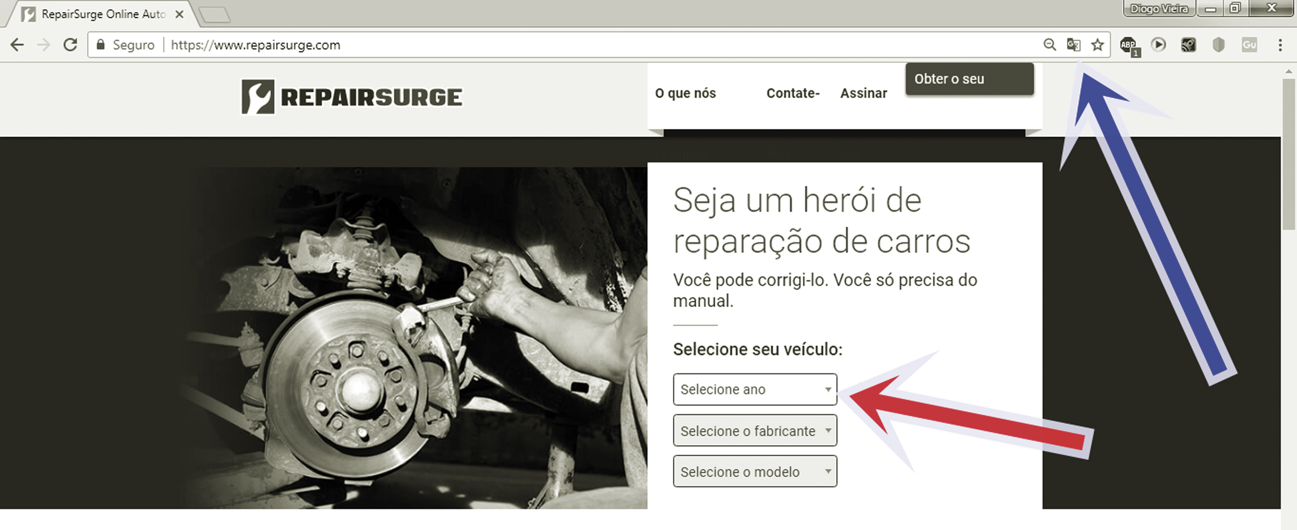 Figura 1- Página inicial do REPAIRSURGE aberta no navegador Google Chrome.  Tradução de inglês-português em um clique
