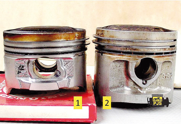 Fig. 3 -Pistão e anéis: (1) Pistão fabricado a partir do ano 2000, (2) pistão aplicado até o final da década de 1990 - motocicleta 125cm[3]